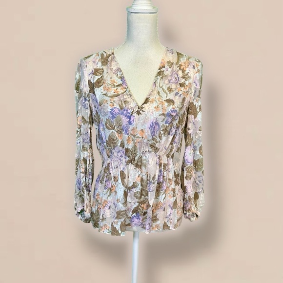 Rebecca Taylor ‘Penelope’ Purple Floral Print Top with Gathered Waist Size 4 - Picture 4 of 16
